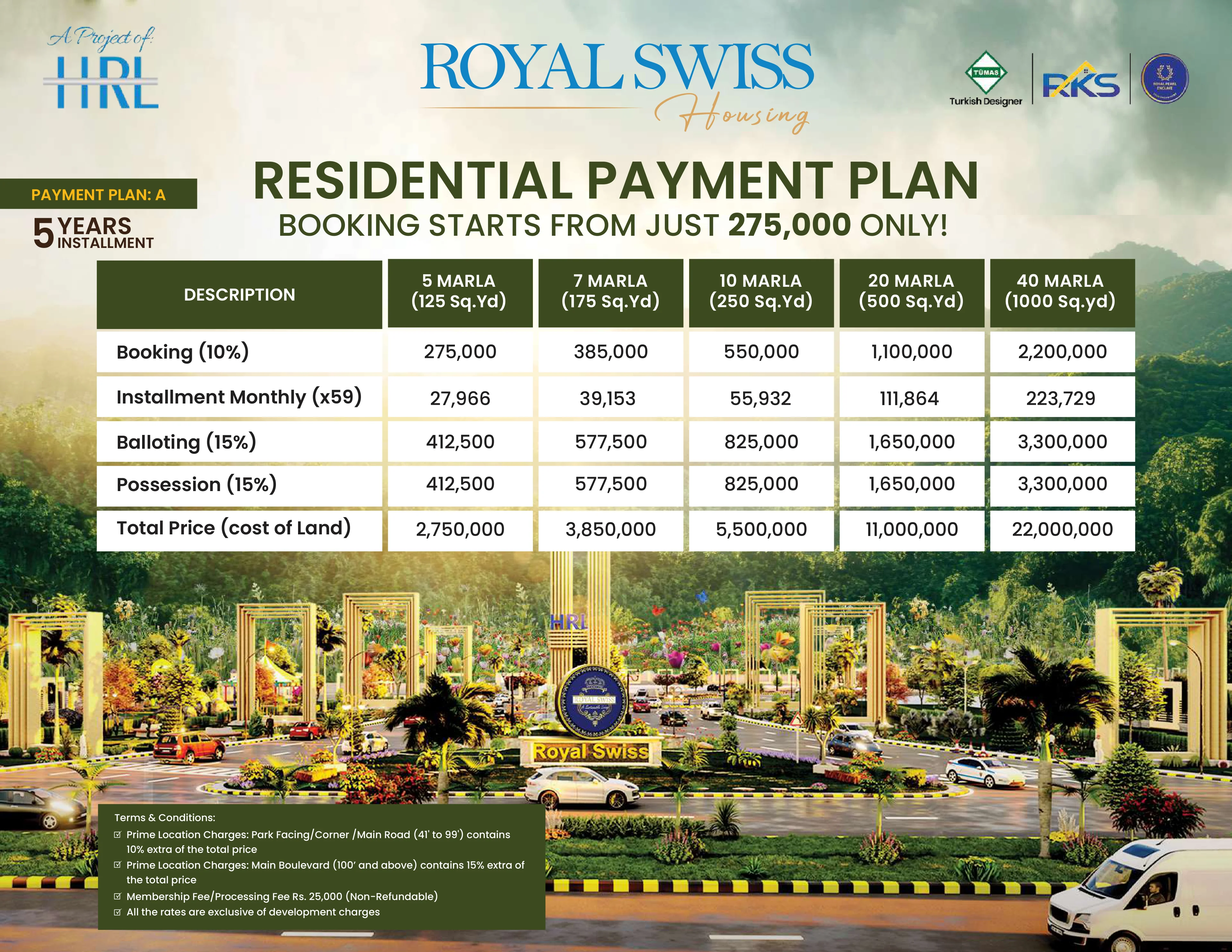 Royal Swiss Housing residential plots 5-year installment plan A with 59 monthly installments